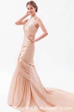 Mermaid Court Train Prom Dress Champagne with Beading