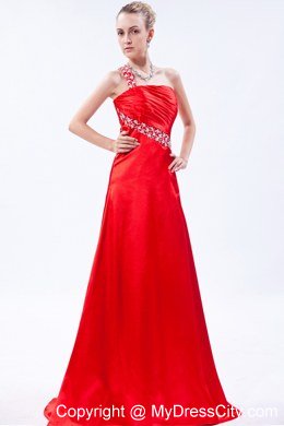 Red One Shoulder Beaded Prom Dress with Ruch Brush Train