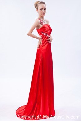 Red One Shoulder Beaded Prom Dress with Ruch Brush Train