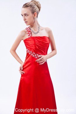 Red One Shoulder Beaded Prom Dress with Ruch Brush Train