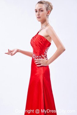 Red One Shoulder Beaded Prom Dress with Ruch Brush Train