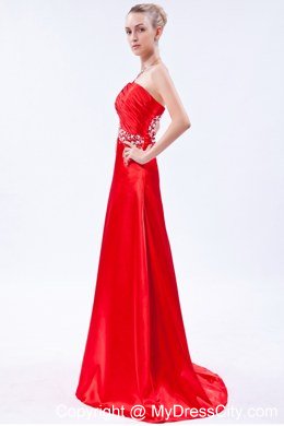 Red One Shoulder Beaded Prom Dress with Ruch Brush Train