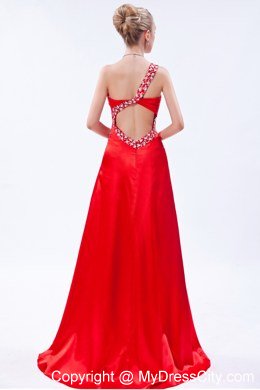 Red One Shoulder Beaded Prom Dress with Ruch Brush Train