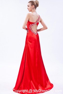 Red One Shoulder Beaded Prom Dress with Ruch Brush Train