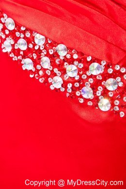 Red One Shoulder Beaded Prom Dress with Ruch Brush Train