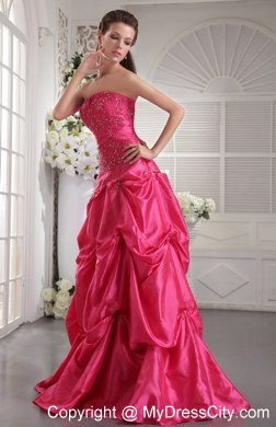 Princess Strapless Long Beading Prom Dress in Hot Pink