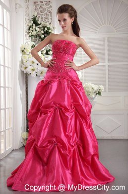 Princess Strapless Long Beading Prom Dress in Hot Pink