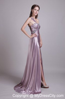 Lavender Empire One Shoulder Beading Brush Train Prom Dress