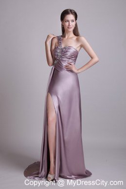 Lavender Empire One Shoulder Beading Brush Train Prom Dress