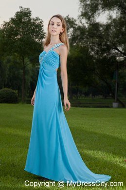 One Shoulder Appliques Ruching Baby Blue Brush Train Prom Dresses