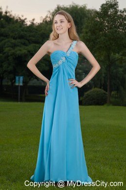 One Shoulder Appliques Ruching Baby Blue Brush Train Prom Dresses