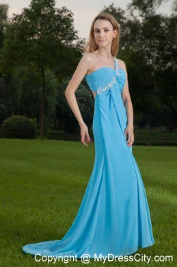 One Shoulder Appliques Ruching Baby Blue Brush Train Prom Dresses