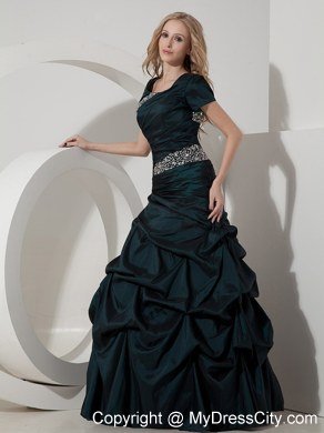 Teal A-line Scoop Beading Short Sleeves Dark Green Prom Gowns