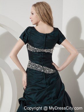 Teal A-line Scoop Beading Short Sleeves Dark Green Prom Gowns