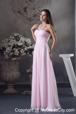 2013 Beaded Decorate Shoulder Pink Column Prom Dress