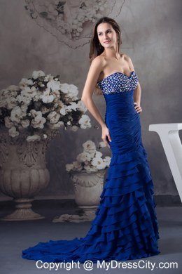 Mermaid Sweetheart Rhinestone Ruffled Layers Royal Blue Prom Dress