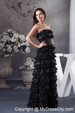 Column Ruffled Layers Strapless 2013 Prom Dress in Black