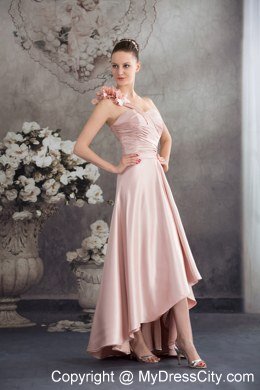 Single Shoulder Hand Made Flowers High-low Pink Prom Dress