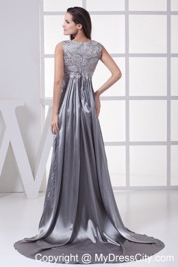 2013 Grey Column Scoop Lace Prom Dress with Brush Train