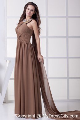 Watteau Train Scoop Beading and Ruching Brown Prom Dress