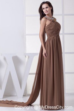 Watteau Train Scoop Beading and Ruching Brown Prom Dress