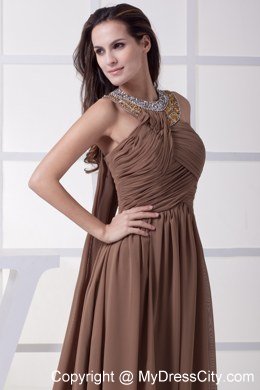 Watteau Train Scoop Beading and Ruching Brown Prom Dress