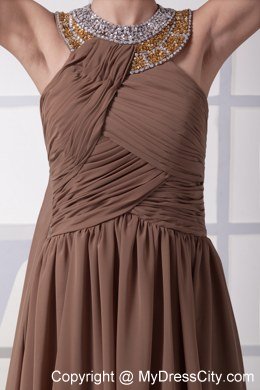 Watteau Train Scoop Beading and Ruching Brown Prom Dress