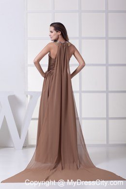 Watteau Train Scoop Beading and Ruching Brown Prom Dress