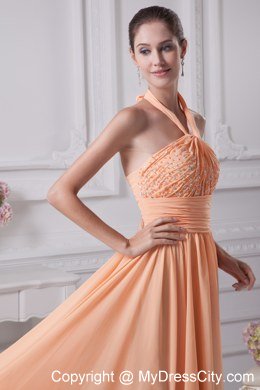 Halter top beading prom gowns with ruching waistband