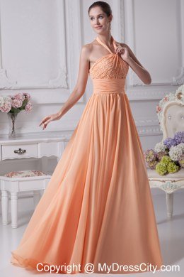 Halter top beading prom gowns with ruching waistband