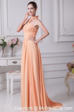 Halter top beading prom gowns with ruching waistband