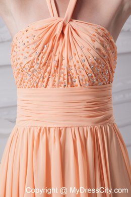 Halter top beading prom gowns with ruching waistband