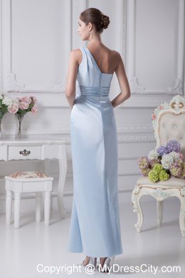 One Shoulder Light Blue Ruching Ankle-length Prom Dress