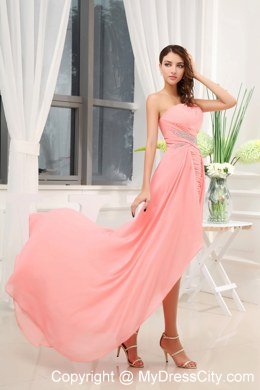 Beading One Shoulder Watermelon Pink Brush Train Summer Prom Dress