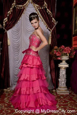 A-line Sweetheart Beading Tiered 2013 Prom Gowns in Hot Pink