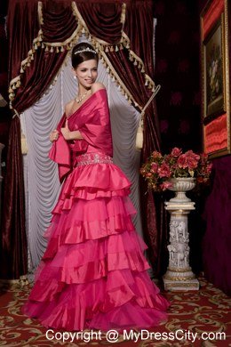 A-line Sweetheart Beading Tiered 2013 Prom Gowns in Hot Pink