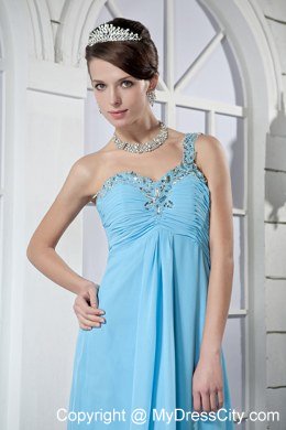 Empire One Shoulder Beading Brush Train Light Blue Prom Dresses