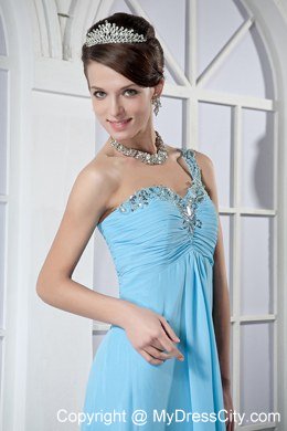 Empire One Shoulder Beading Brush Train Light Blue Prom Dresses