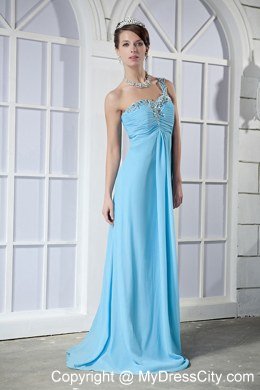 Empire One Shoulder Beading Brush Train Light Blue Prom Dresses