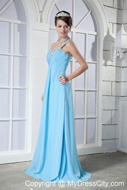 Empire One Shoulder Beading Brush Train Light Blue Prom Dresses