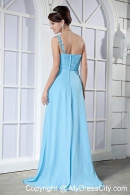 Empire One Shoulder Beading Brush Train Light Blue Prom Dresses