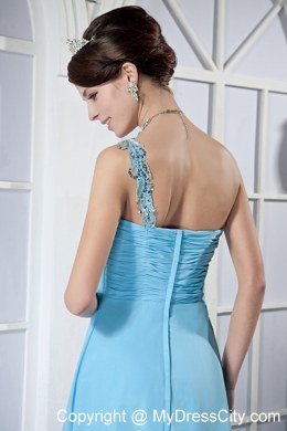 Empire One Shoulder Beading Brush Train Light Blue Prom Dresses