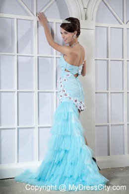 Light Blue Single Shoulder High-low Beading Flowers Prom Dress