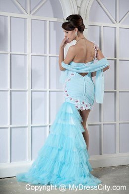 Light Blue Single Shoulder High-low Beading Flowers Prom Dress