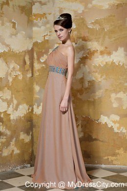 Beaded Decorate Shoulder Column Brown Long Prom Dresses