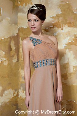 Beaded Decorate Shoulder Column Brown Long Prom Dresses