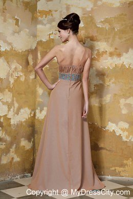 Beaded Decorate Shoulder Column Brown Long Prom Dresses