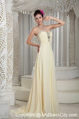 Sweetheart Beading Brush Train Light Yellow Spring Prom Dresses