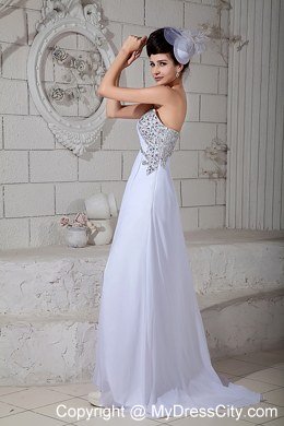 Elegant Empire Brush Train Single Shoulder Beading White Prom Dress