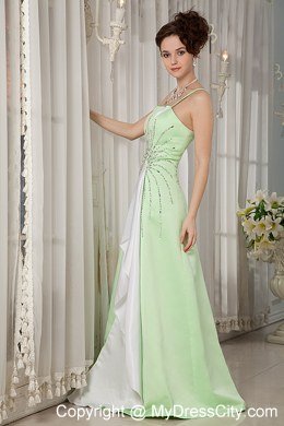 Cheap Yellow Green A-line Straps Beading Brush Train Prom Dress